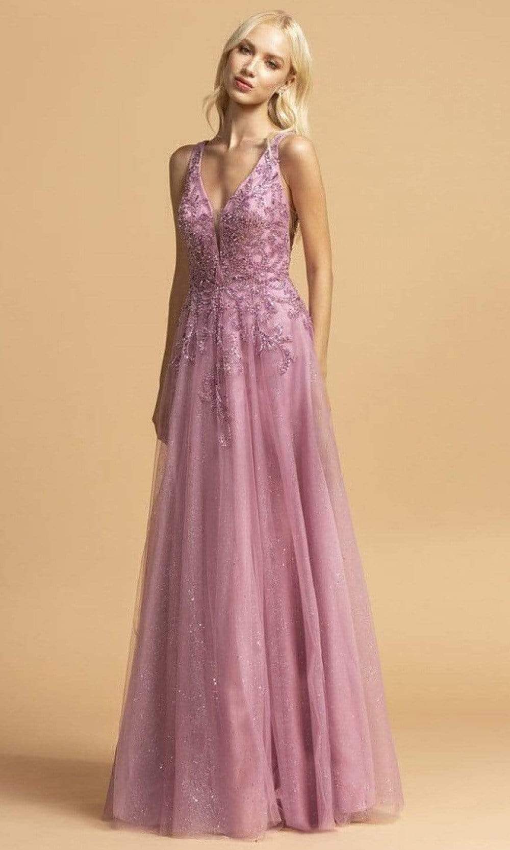 Trevi Collection - L2263 Beaded Glitter Tulle A-Line Dress Prom Dresses XXS / Misty Lilac