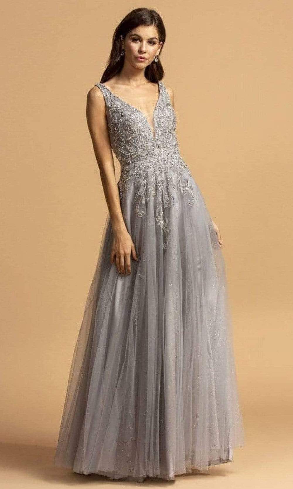 Trevi Collection - L2263 Beaded Glitter Tulle A-Line Dress Prom Dresses XXS / Silver