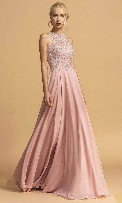 Trevi Collection - L2266 Appliqued Halter Chiffon Long Dress Prom Dresses XXS / Dusty Rose