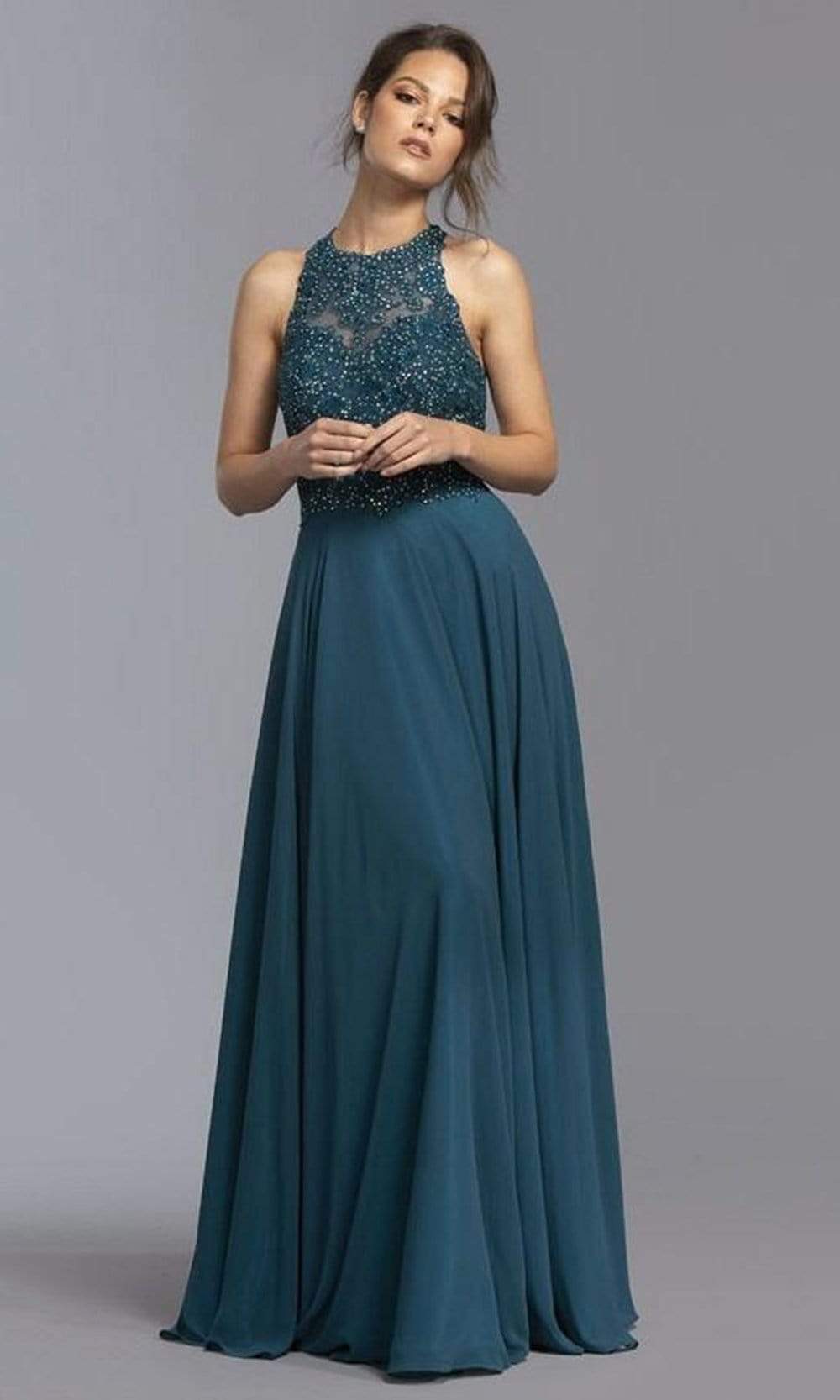 Trevi Collection - L2266 Appliqued Halter Chiffon Long Dress Prom Dresses XXS / Teal