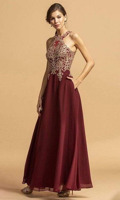 Trevi Collection - L2273 Metallic Applique Halter Chiffon Dress Prom Dresses XXS / Burgundy Gold