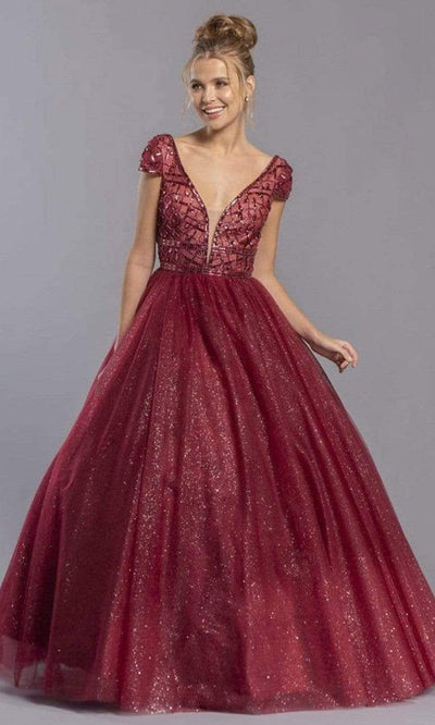 Trevi Collection - L2293 Cap Sleeves Plunging V-Neck Ball Gown Ball Gowns XXS / Burgundy