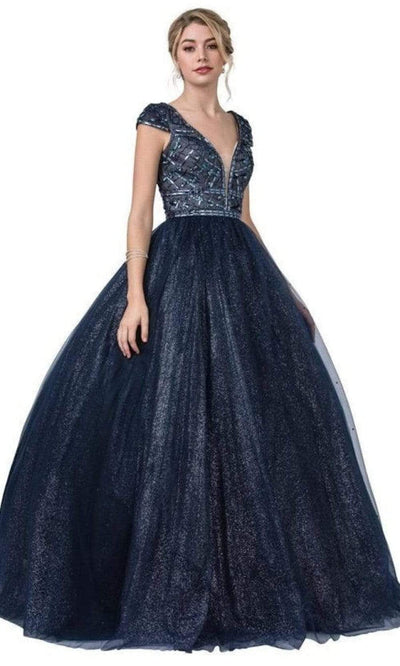 Trevi Collection - L2293 Cap Sleeves Plunging V-Neck Ball Gown Ball Gowns XXS / Navy