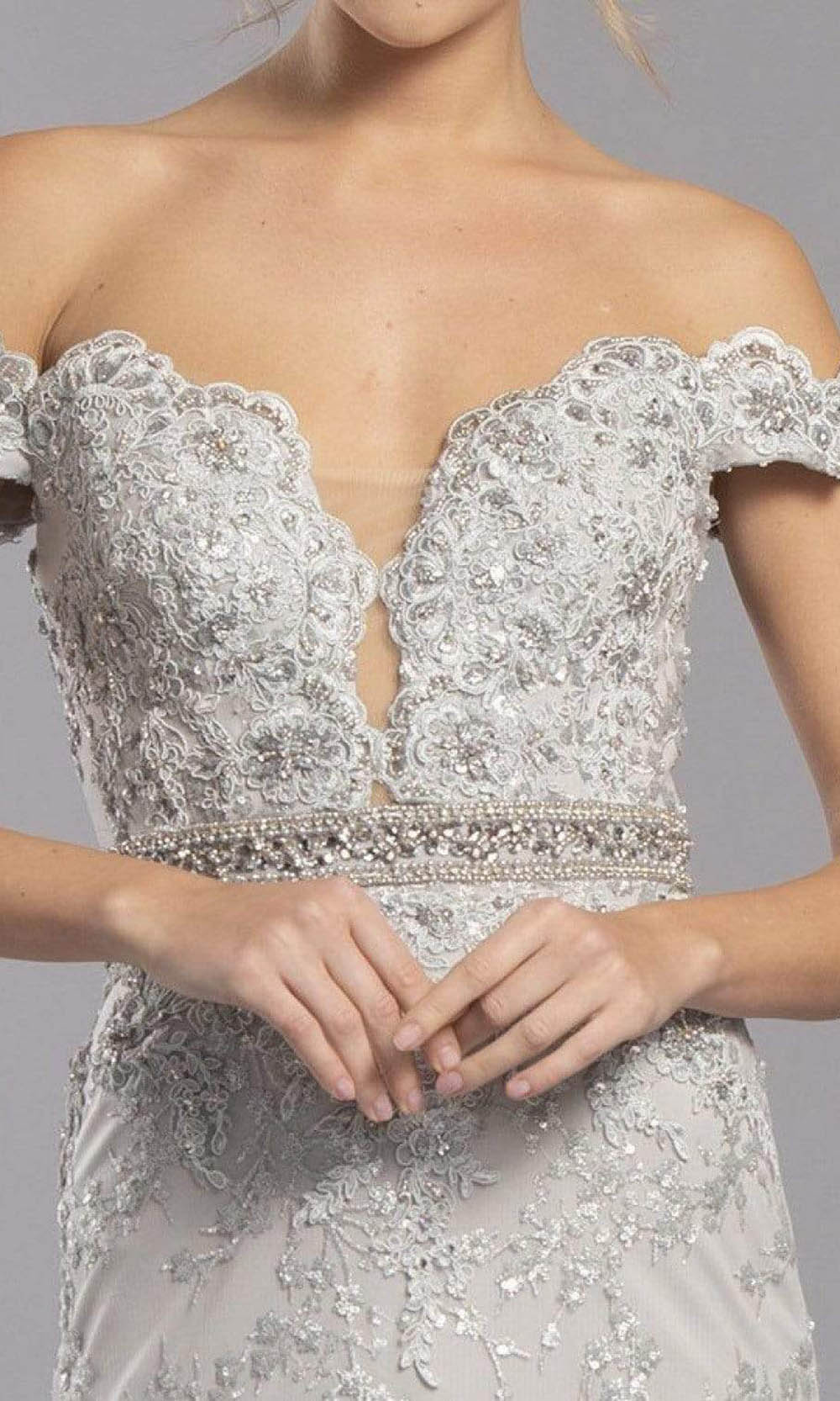 Trevi Collection - L2295 Off Shoulder Embroidered Sheath Dress Evening Dresses