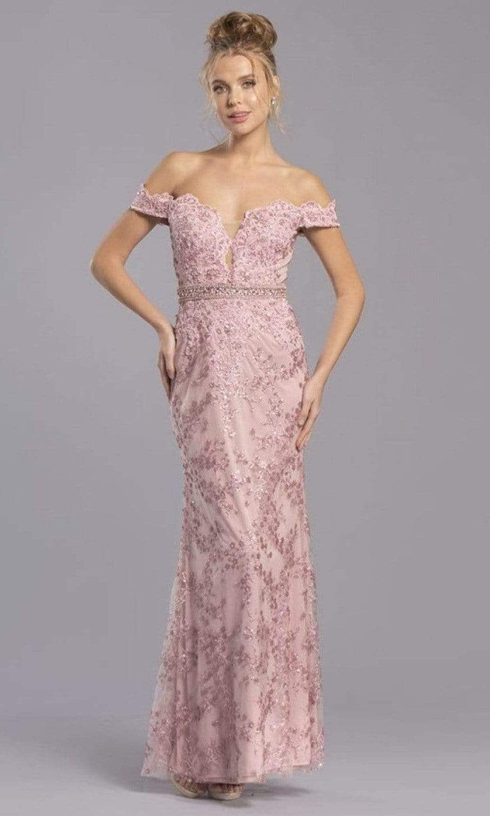 Trevi Collection - L2295 Off Shoulder Embroidered Sheath Dress Evening Dresses XXS / Dusty Rose