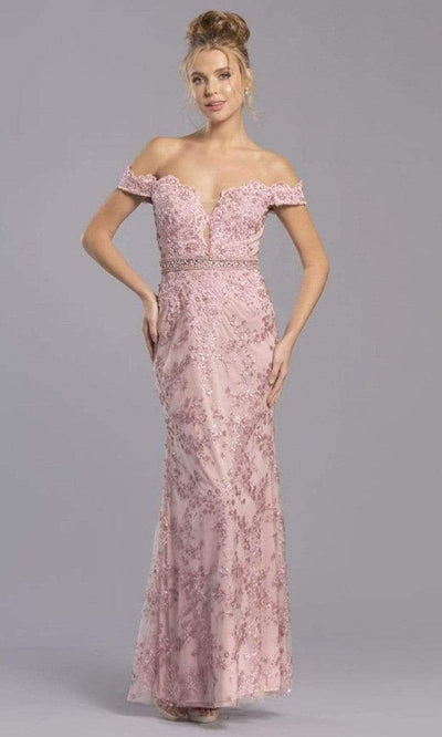 Trevi Collection - L2295 Off Shoulder Embroidered Sheath Dress Evening Dresses XXS / Dusty Rose