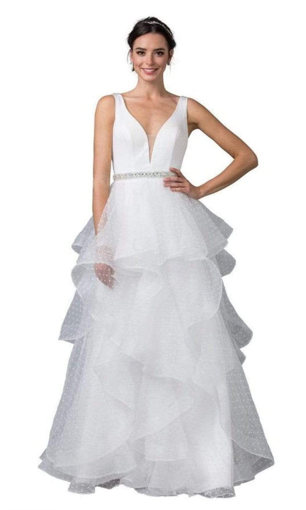 Trevi Collection - L2296 Deep V-Neck Tiered A-Line Dress Prom Dresses XXS / Off White