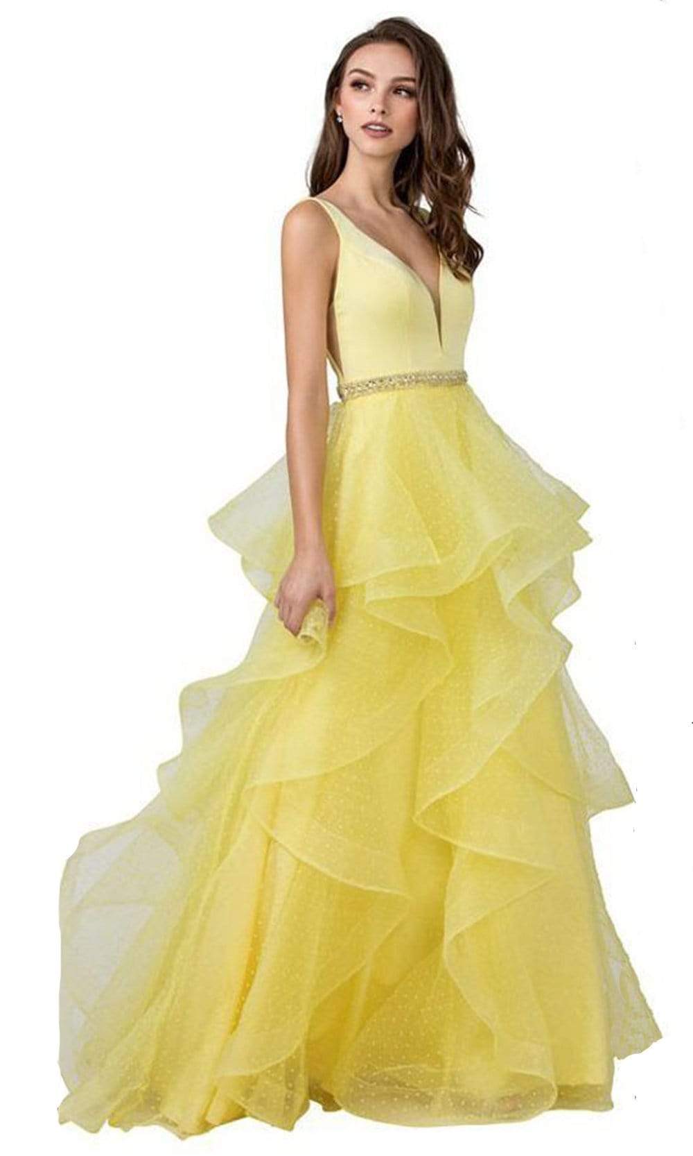 Trevi Collection - L2296 Deep V-Neck Tiered A-Line Dress Prom Dresses XXS / Yellow