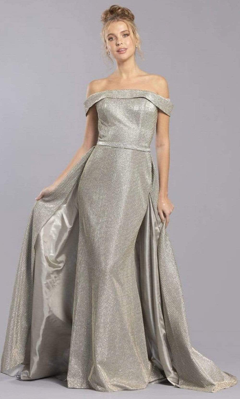 Trevi Collection - L2304 Off Shoulder Sheath/A-Line Dress Evening Dresses XXS / Champagne/Silver