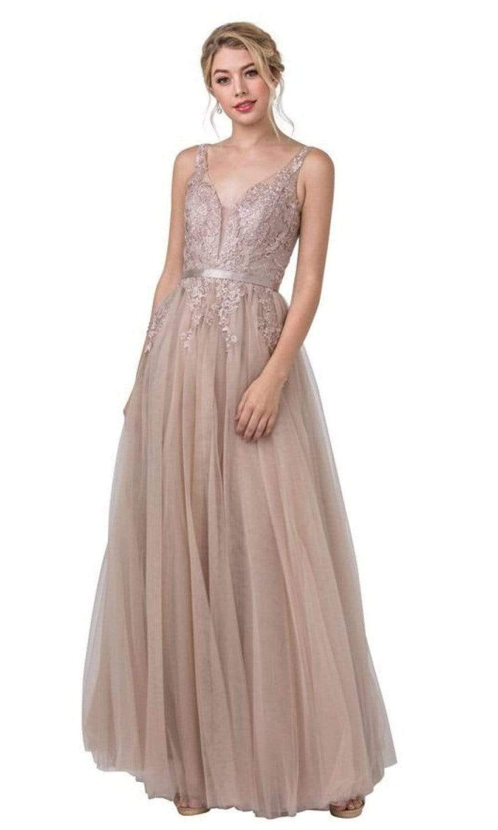 Trevi Collection - L2338 Plunging V-Neck Appliques A-Line Dress Prom Dresses XXS / Mocha