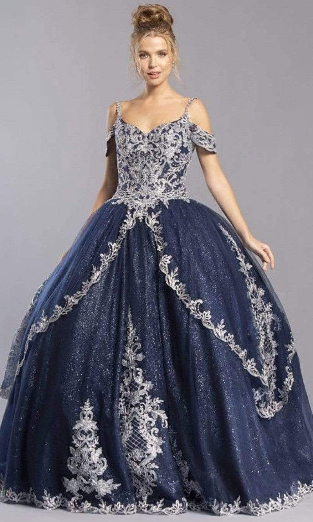 Trevi Collection - L2348 Cold Shoulders Basque Ball Gown Quinceanera Dresses XXS / Navy