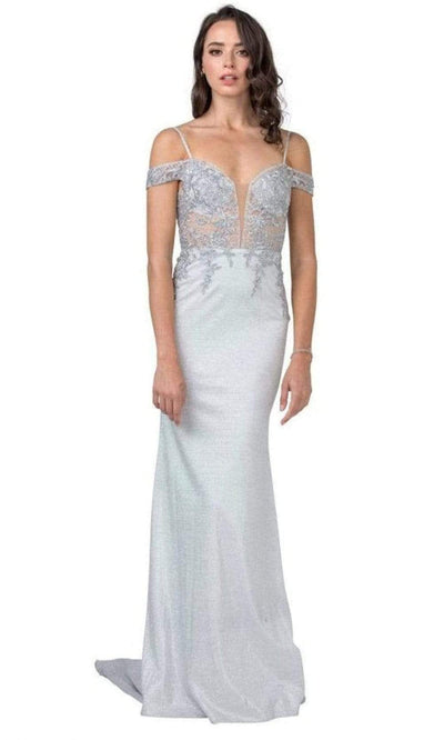 Trevi Collection - L2357 Appliqued Cold Shoulder Sheath Dress Evening Dressses XXS / Silver