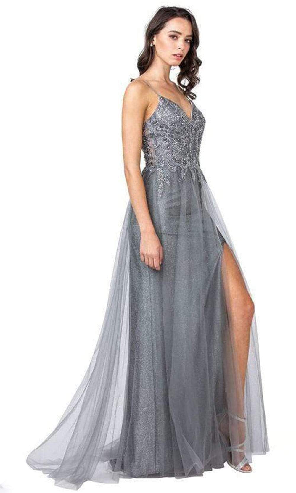 Trevi Collection - L2359 Spaghetti Strap Applique High Slit Dress Prom Dresses XXS / Charcoal