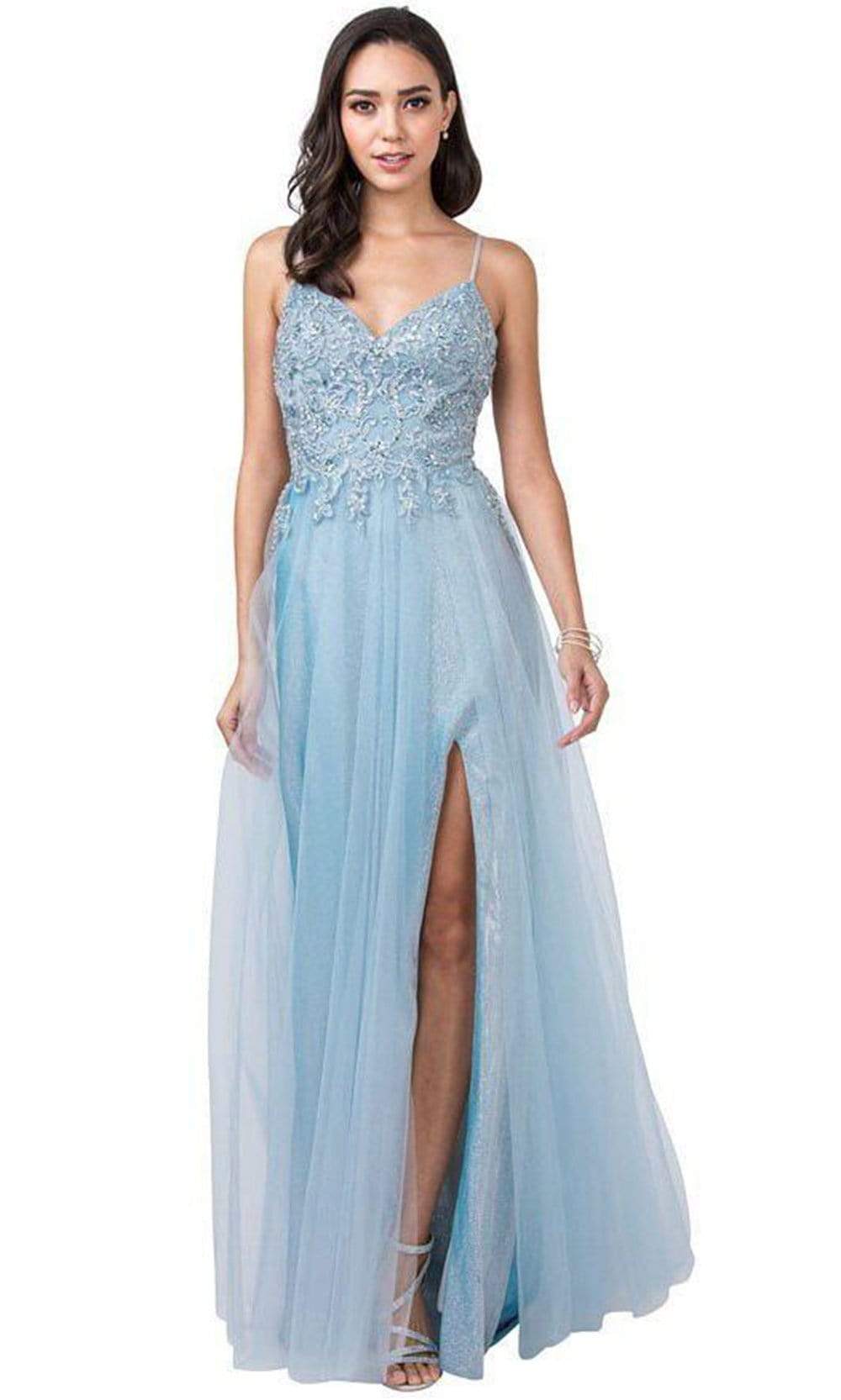 Trevi Collection - L2359 Spaghetti Strap Applique High Slit Dress Prom Dresses XXS / Ice Blue