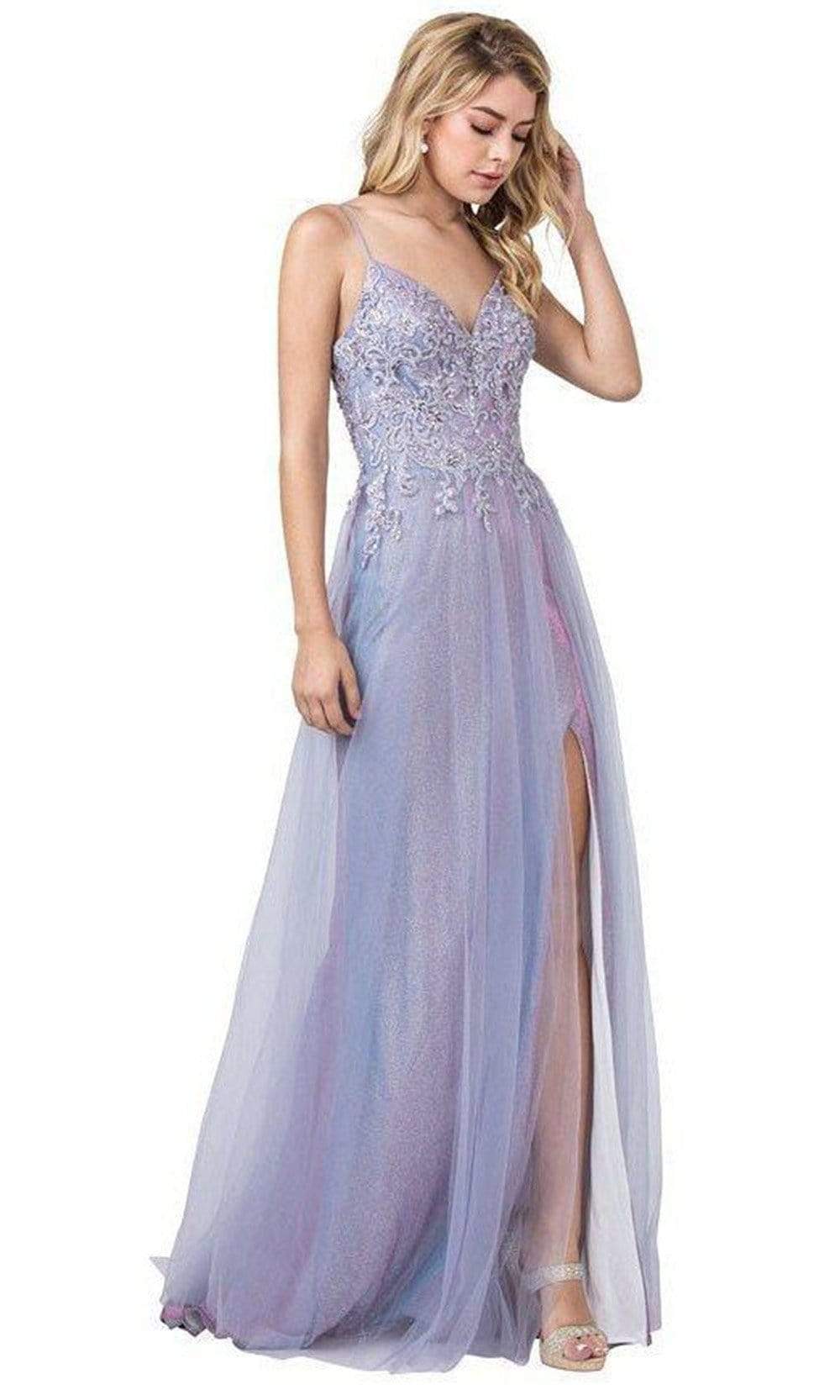 Trevi Collection - L2359 Spaghetti Strap Applique High Slit Dress Prom Dresses XXS / Lavender