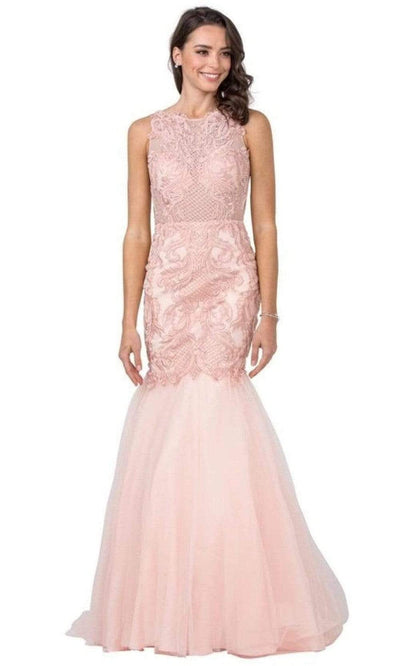 Trevi Collection - L2368 Illusion Jewel Trumpet Dress Evening Dresses XXS / Blush