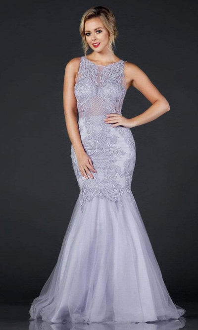 Trevi Collection - L2368 Illusion Jewel Trumpet Dress Evening Dresses XXS / Pewter