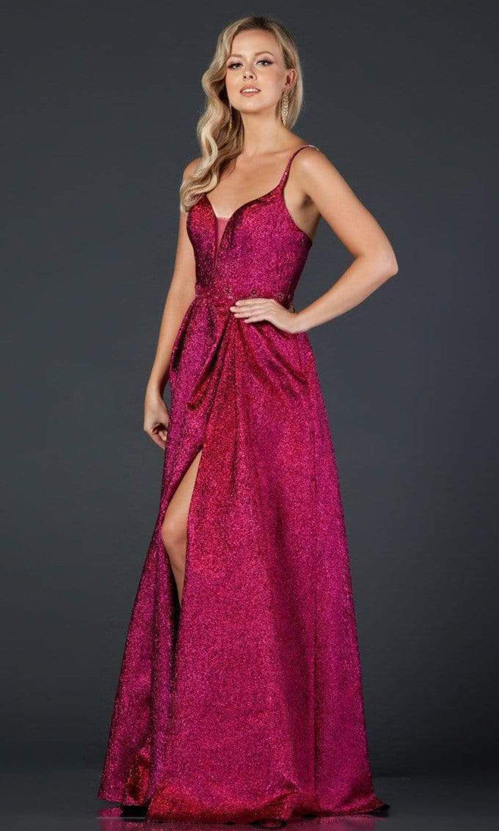 Trevi Collection - L2370 Thin Straps Plunging V-Neck A-Line Dress Prom Dresses XXS / Raspberry