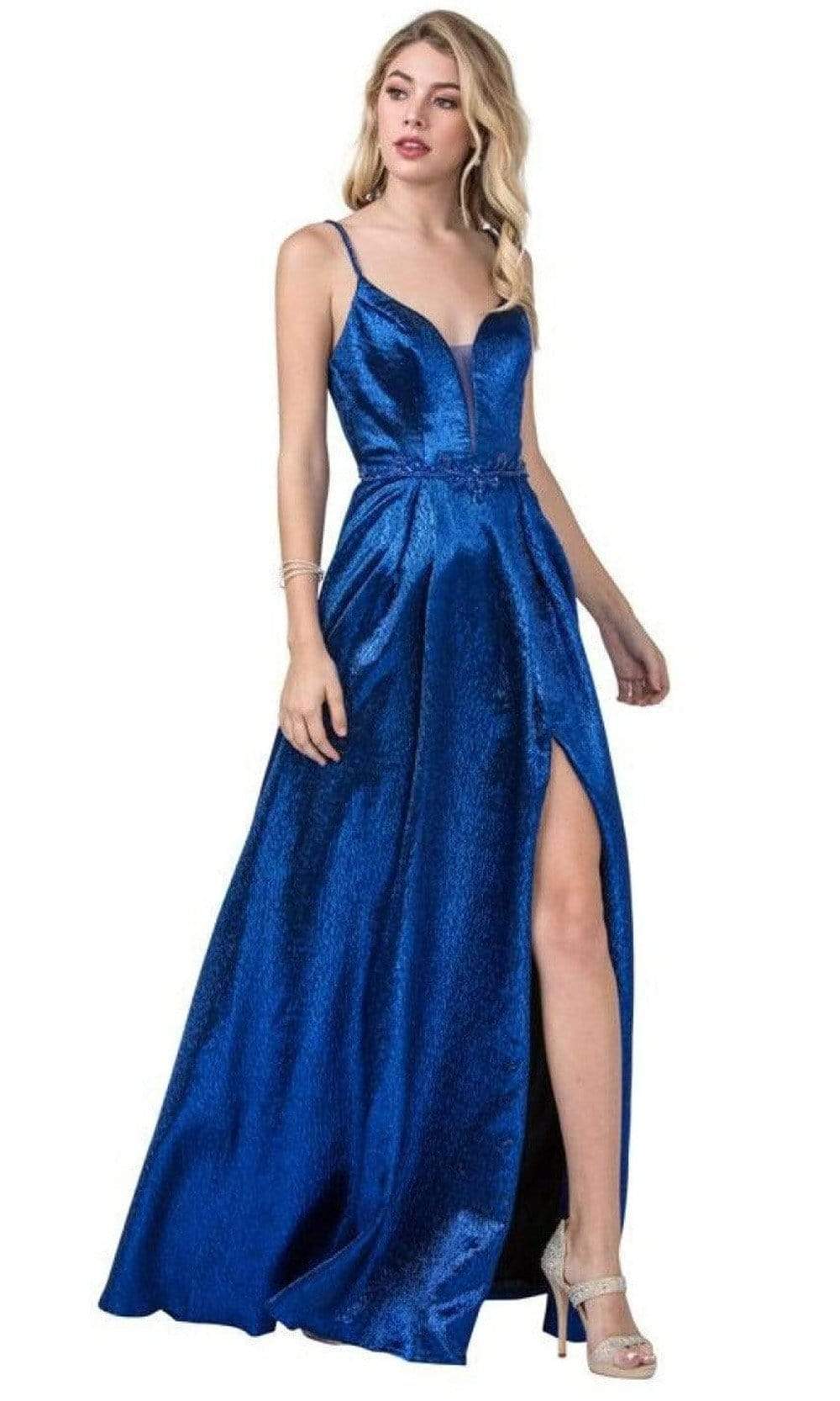 Trevi Collection - L2370 Thin Straps Plunging V-Neck A-Line Dress Prom Dresses XXS / Royal