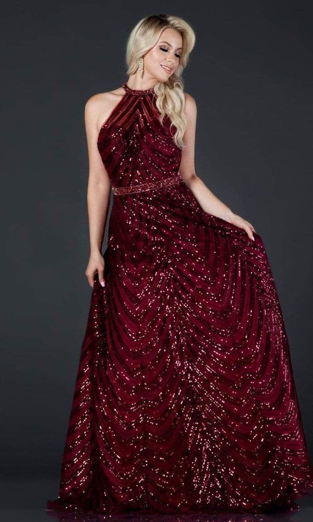 Trevi Collection - L2377 Halter A-Line Evening Dress Evening Dresses XXS / Burgundy