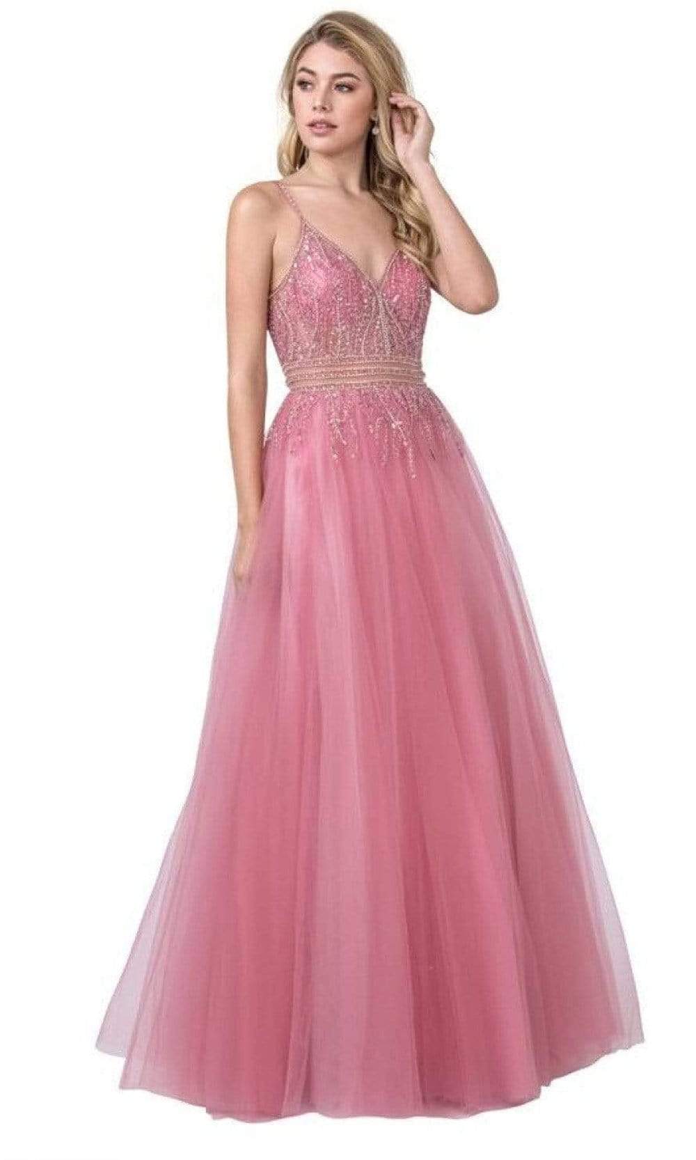 Trevi Collection - L2378 V-Neck Beaded Evening Dress Evening Dresses XXS / Misty Rose