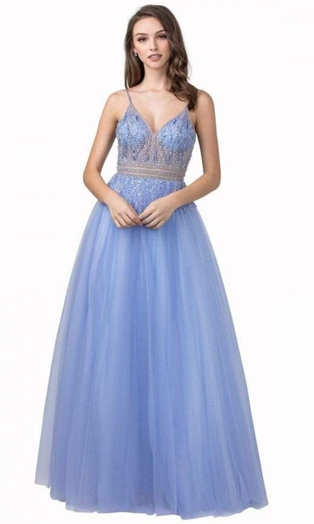 Trevi Collection - L2378 V-Neck Beaded Evening Dress Evening Dresses XXS / Perry Blue