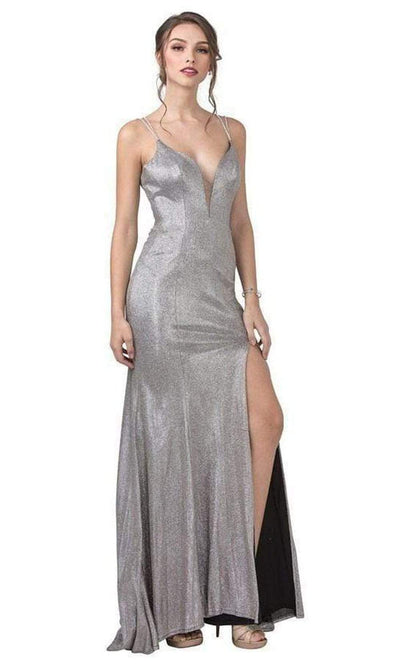 Trevi Collection - L2380 Metallic Lace Up Back Sheath Dress Evening Dresses XXS / Champagne Silver