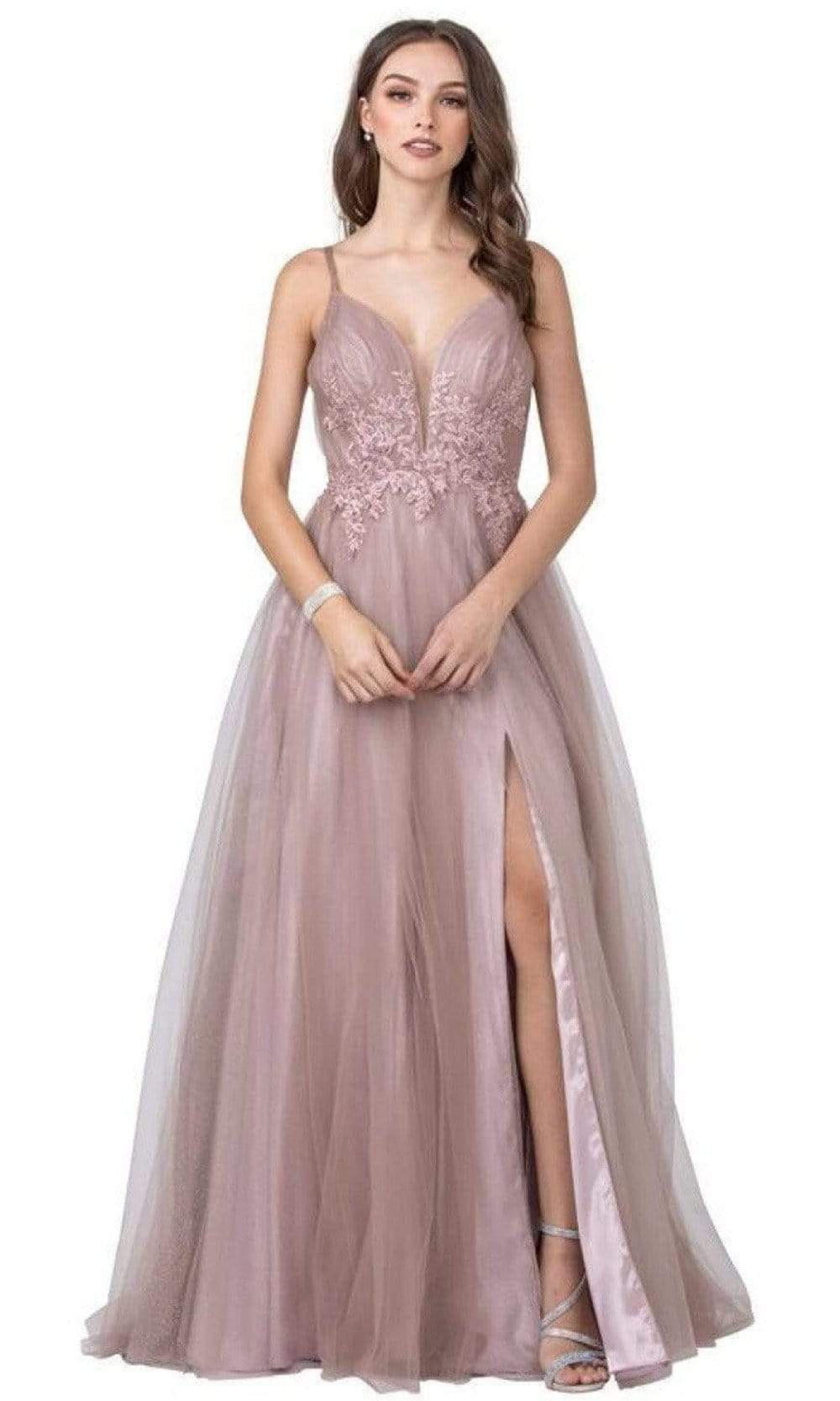 Trevi Collection - L2381 Plunging V-Neck Slit Evening Dress Evening Dresses XXS / Mauve