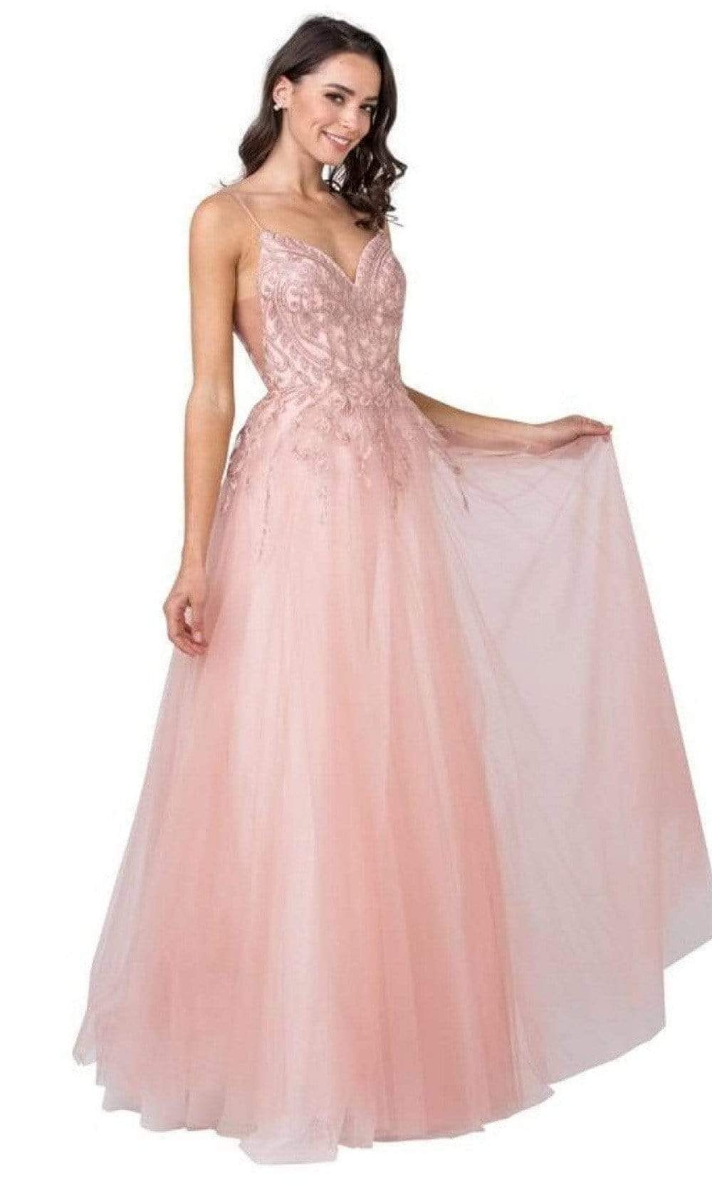 Trevi Collection - L2384 Embroidered Thin Strap Tulle Gown Prom Dresses XXS / Blush