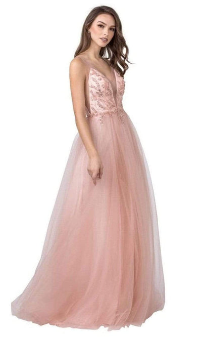 Trevi Collection - L2390 Illusion V-Neck A-Line Evening Dress Evening Dresses XXS / Blush