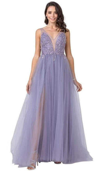 Trevi Collection - L2390 Illusion V-Neck A-Line Evening Dress Evening Dresses XXS / Misty Violet