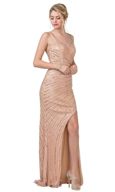 Trevi Collection - L2393 V-Neck Sheath Evening Dress Evening Dresses XXS / Rose Gold