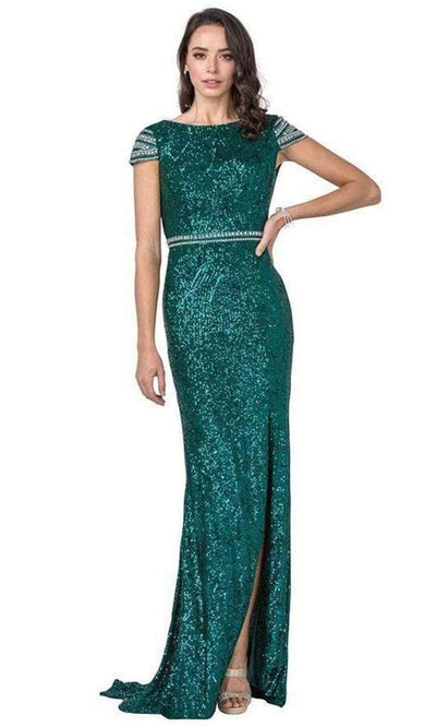 Trevi Collection - L2398 Cap Sleeve Sequined High Slit Dress Evening Dresses XXS / Emerald