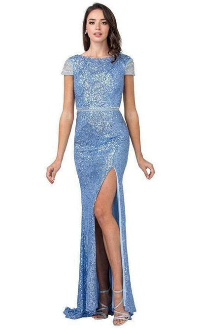 Trevi Collection - L2398 Cap Sleeve Sequined High Slit Dress Evening Dresses XXS / Ice Blue