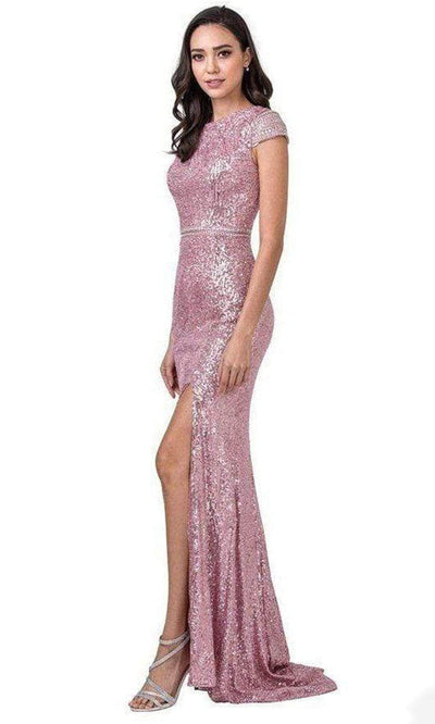 Trevi Collection - L2398 Cap Sleeve Sequined High Slit Dress Evening Dresses XXS / Pink