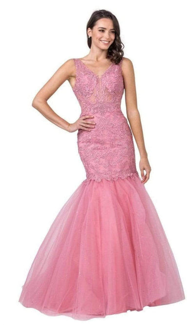 Trevi Collection - L2399 V-Neck Trumpet Sleeveless Evening Dress Evening Dresses XXS / Misty Rose