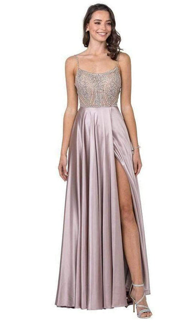 Trevi Collection - L2404 Crystal Beaded High Slit Satin Dress Prom Dresses XXS / Mauve