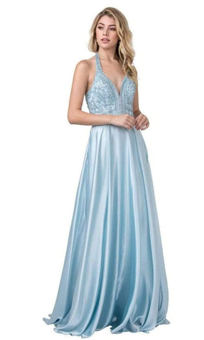 Trevi Collection - L2405 Ornate Plunging Halter Satin Dress Prom Dresses XXS / Ice Blue