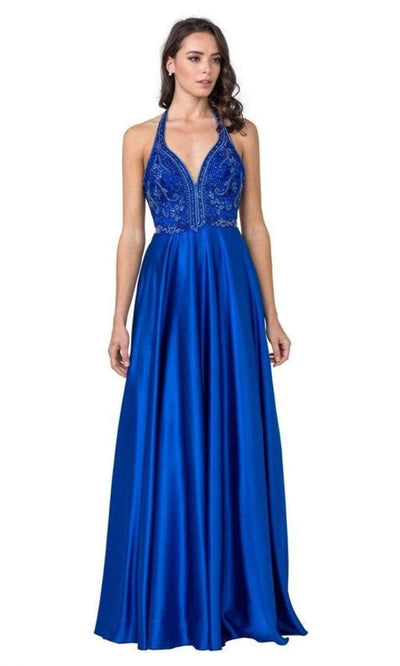 Trevi Collection - L2405 Ornate Plunging Halter Satin Dress Prom Dresses XXS / Royal