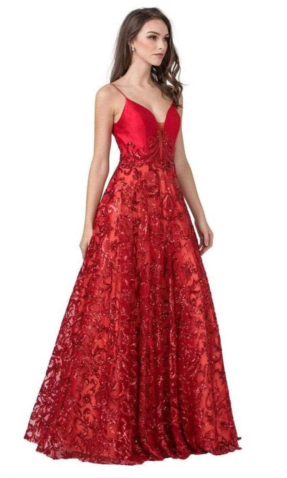 Trevi Collection - L2408 Spaghetti Strap Sequin Motif A-Line Dress Prom Dresses XXS / Red