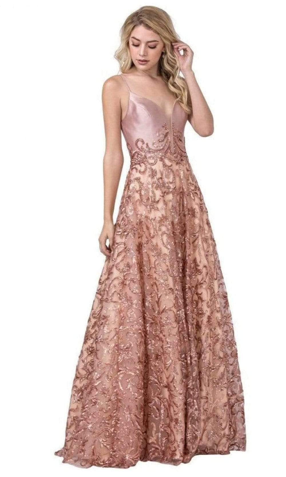 Trevi Collection - L2408 Spaghetti Strap Sequin Motif A-Line Dress Prom Dresses XXS / Rose Gold