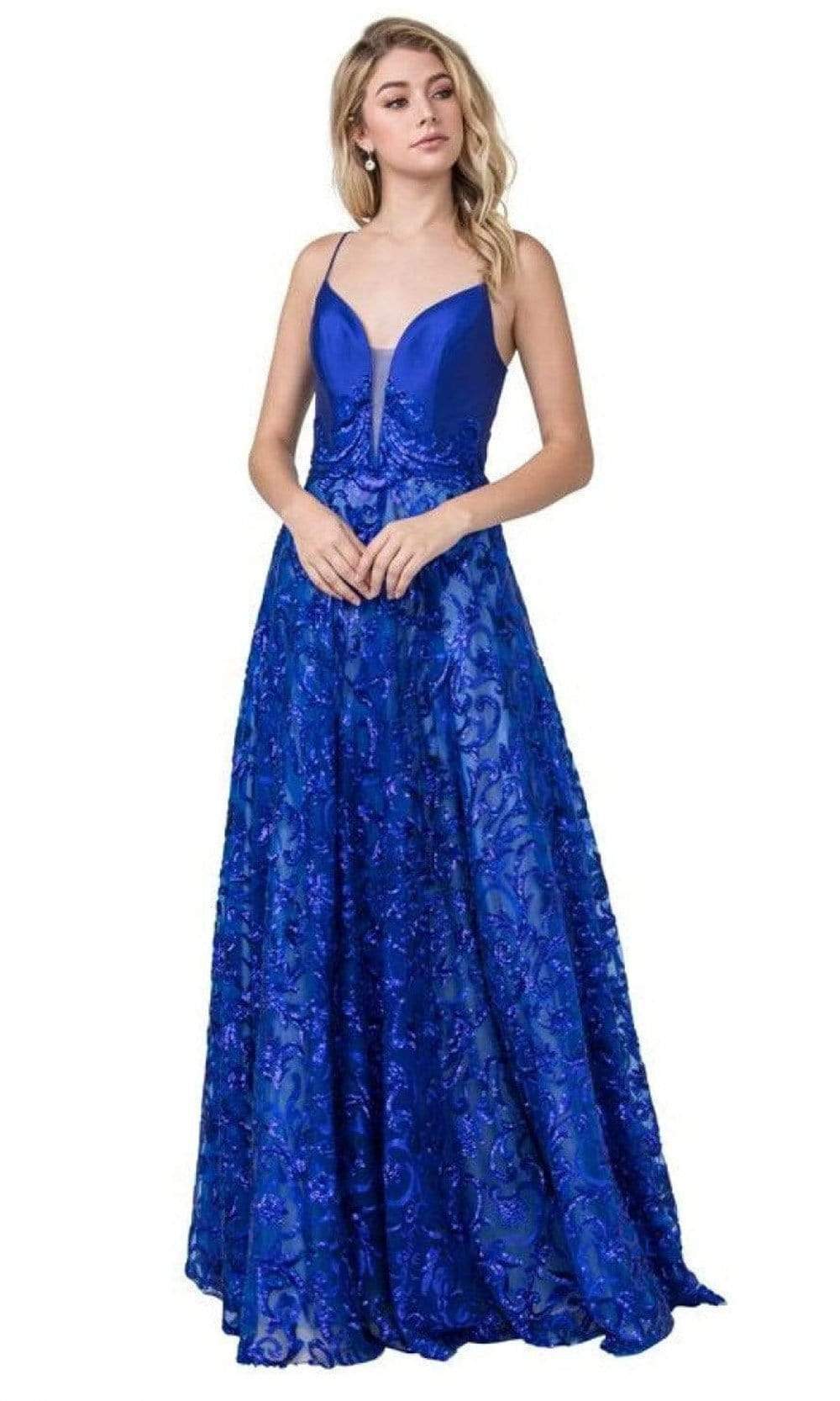 Trevi Collection - L2408 Spaghetti Strap Sequin Motif A-Line Dress Prom Dresses XXS / Royal