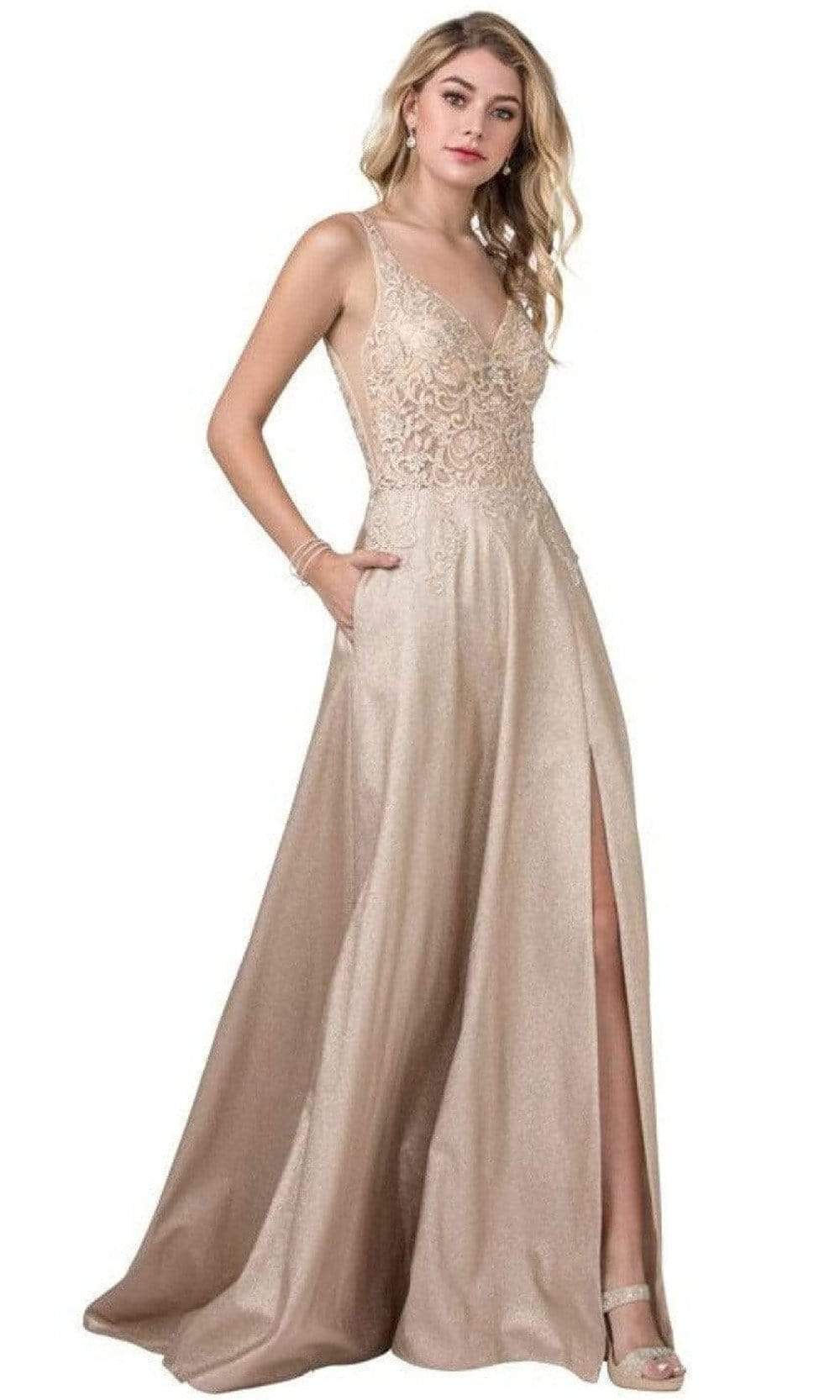 Trevi Collection - L2409 Beaded A-Line Evening Dress Evening Dresses XXS / Champagne