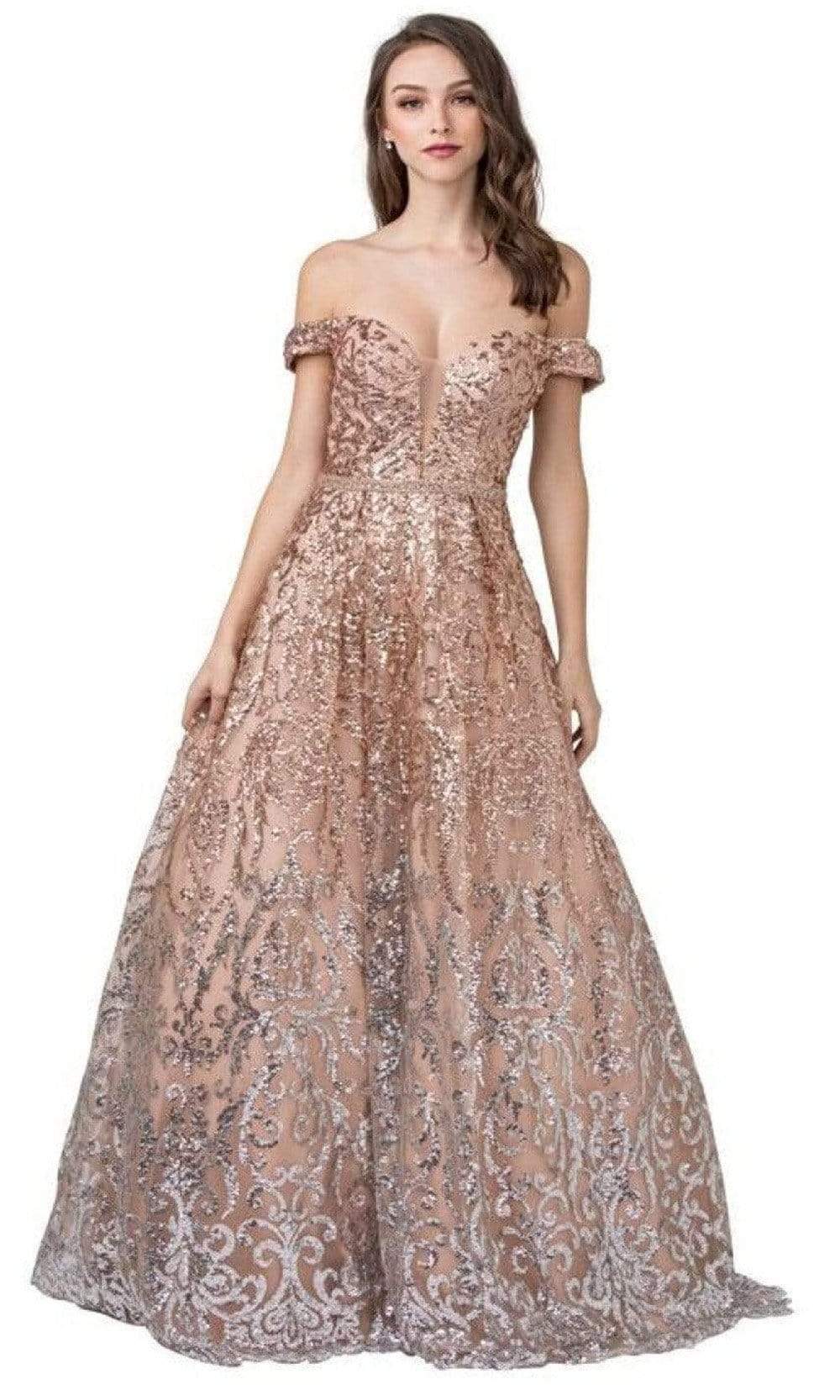 Trevi Collection - L2414 Off Shoulder Sequin Embellished Dress Prom Dresses XXS / Rose Gold