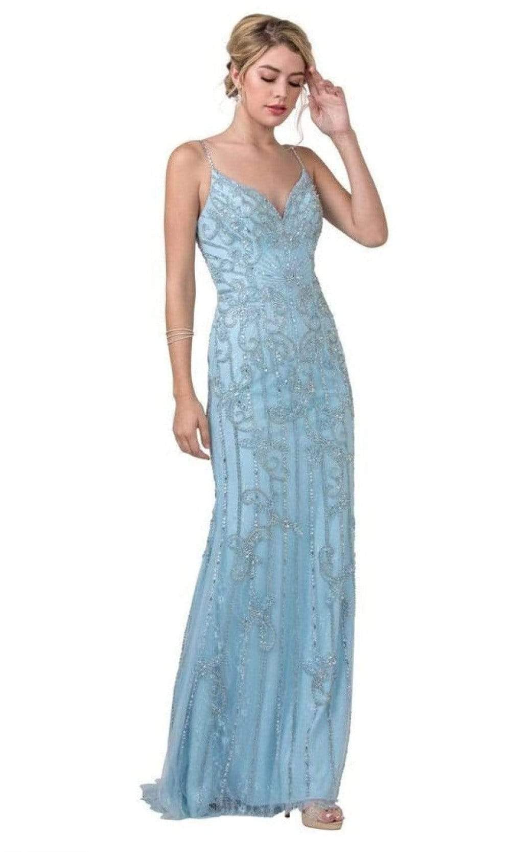 Trevi Collection - L2418 Spaghetti Strap Beaded Sheath Dress Prom Dresses XXS / Ice Blue