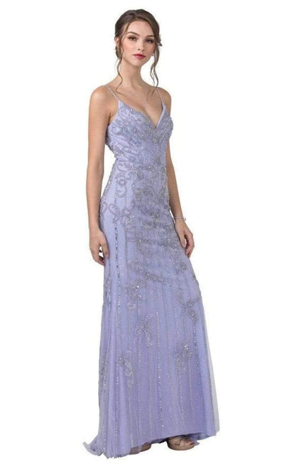 Trevi Collection - L2418 Spaghetti Strap Beaded Sheath Dress Prom Dresses XXS / Pewter