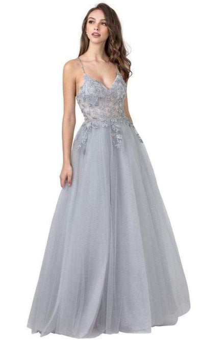 Trevi Collection - L2421 Embroidered Leaf Tulle Glitter Gown Prom Dresses XXS / Silver