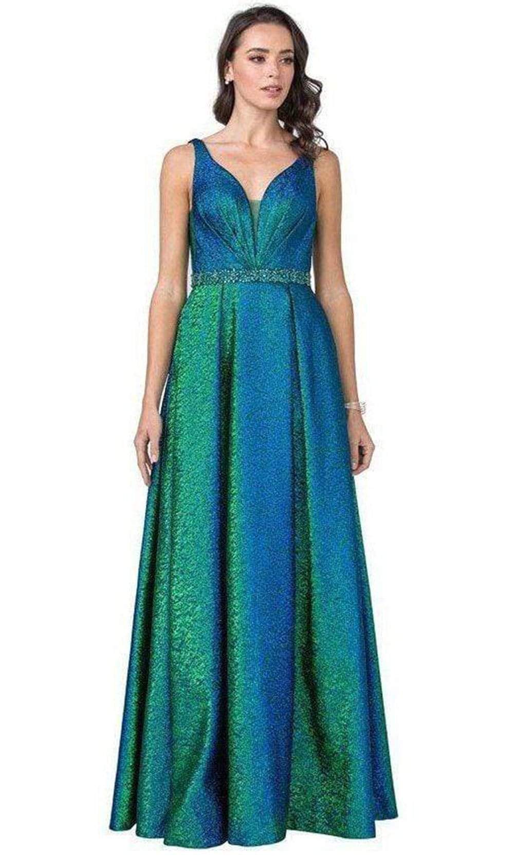 Trevi Collection - L2430 Pleated Metallic A-Line Dress Prom Dresses XXS / Peacock