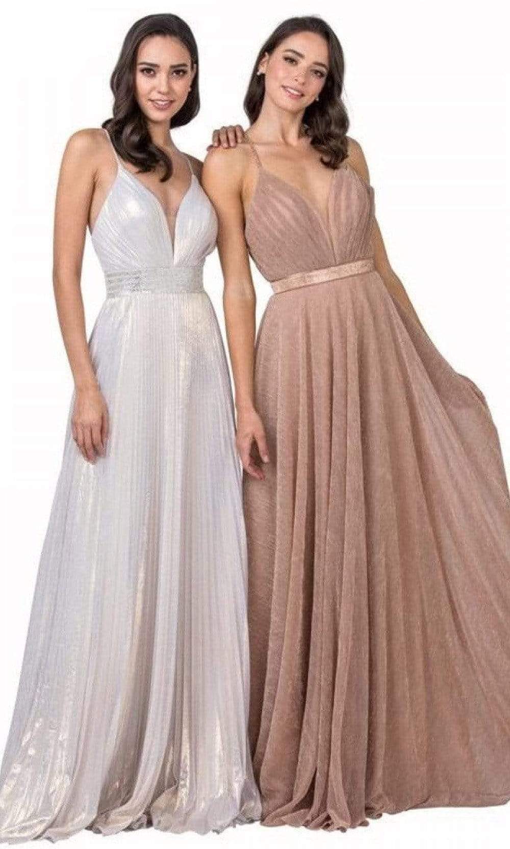 Trevi Collection - L2444 Metallic Pleated A-Line Flowy Dress Prom Dresses XXS / Champagne