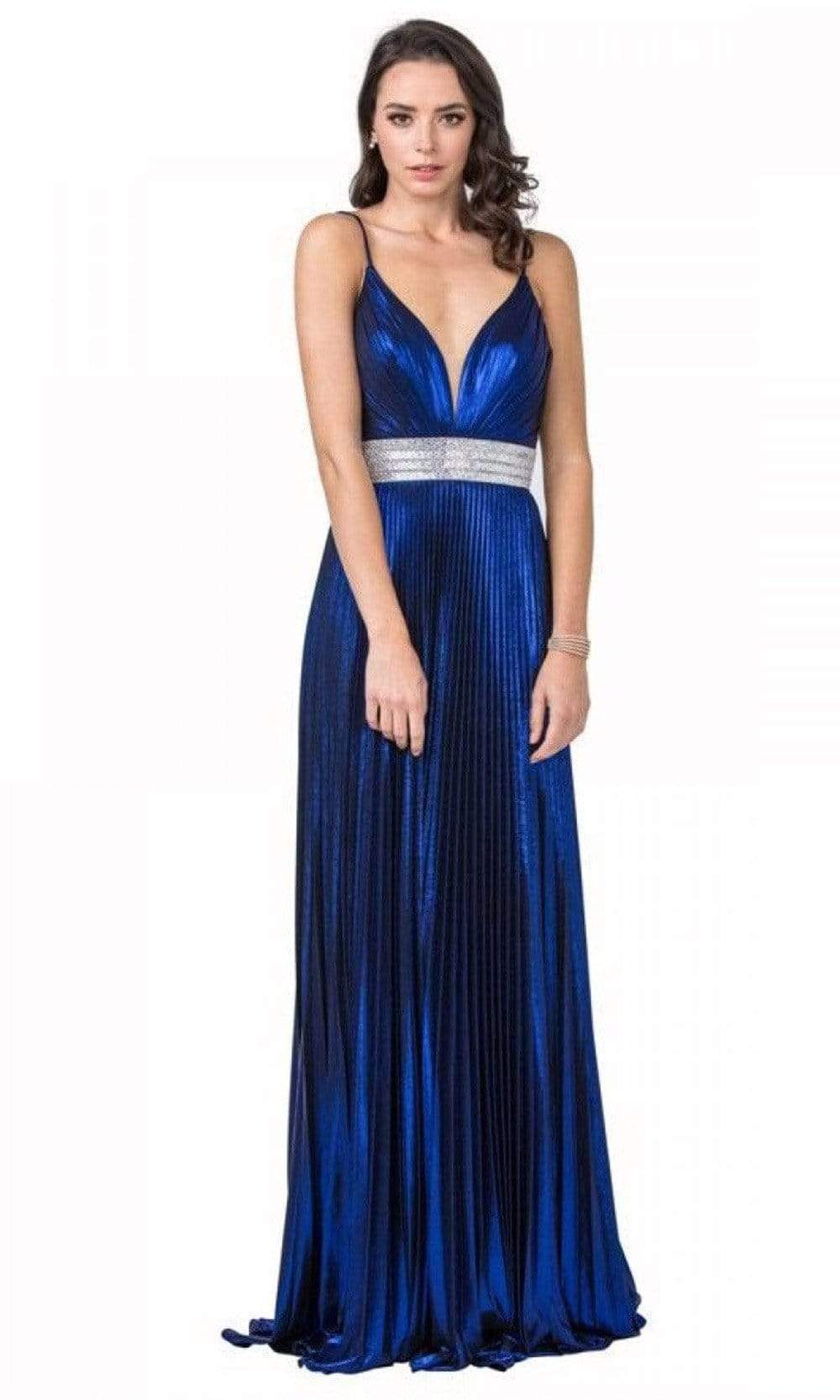 Trevi Collection - L2444 Metallic Pleated A-Line Flowy Dress Prom Dresses XXS / Royal